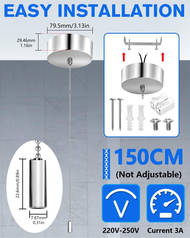 BrightArk Bathroom Light Pull Cord Switch Ceiling Mounted Chrome Chain Kit Silver Light Pull Switch Replacement Pull Cord Shower Switch for Stylish Upgrade Bathroom Accessories Chrome Round Cylinder