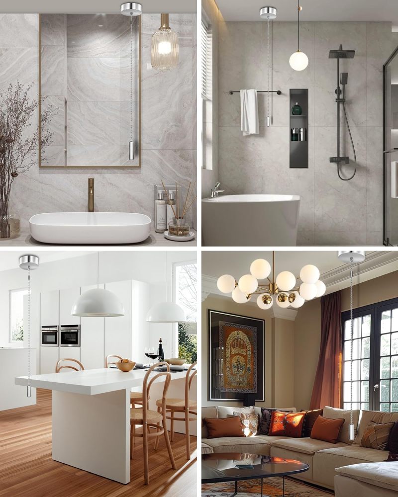 BrightArk Bathroom Light Pull Cord Switch Ceiling Mounted Chrome Chain Kit Silver Light Pull Switch Replacement Pull Cord Shower Switch for Stylish Upgrade Bathroom Accessories Chrome Round Cylinder