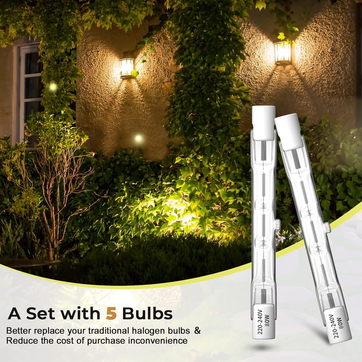 Klarlight 5 Pack 80W R7s Halogen Bulbs 78mm, Dimmable Warm White 2800K T3 J78 Double Ended Linear Floodlights, 1390LM 230V Halogen Tungsten Bulbs for Work, Security, Ceiling Lights, Landscape Lights