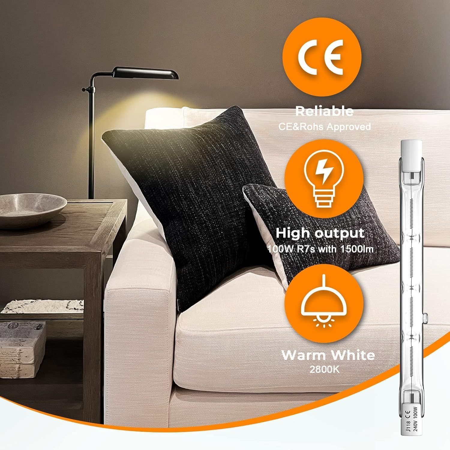 Bonlux 100W 118mm R7S Linear Light Light Bulb Halogen, 1500lm, AC 230V, 2800K Warm White, 360 ° Beam Angle, Low Consumpted Halogen Lamp, R7S Cap, 5 Units