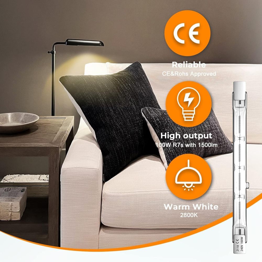 Bonlux 100W 118mm R7S Linear Light Light Bulb Halogen, 1500lm, AC 230V, 2800K Warm White, 360 ° Beam Angle, Low Consumpted Halogen Lamp, R7S Cap, 5 Units
