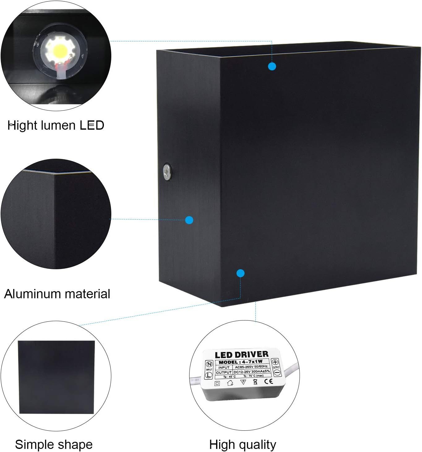 Bonlux LED Exterior Aluminum Outdoor Wall Lamp, 10W Waterproof LED Square Up and Down Lights Black Wall Sconce Lighting 85-265V for Balcony Porch Backyard Light