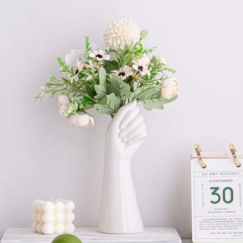 Hand Shape White Ceramic Flower Vase for Modern Home Decor,Pampas Grass Vase Minimalist Boho Style for Living Room Table Office Centerpieces Farmhouse Bedroom Living Room Decoration(Small 9 Inch Tall)