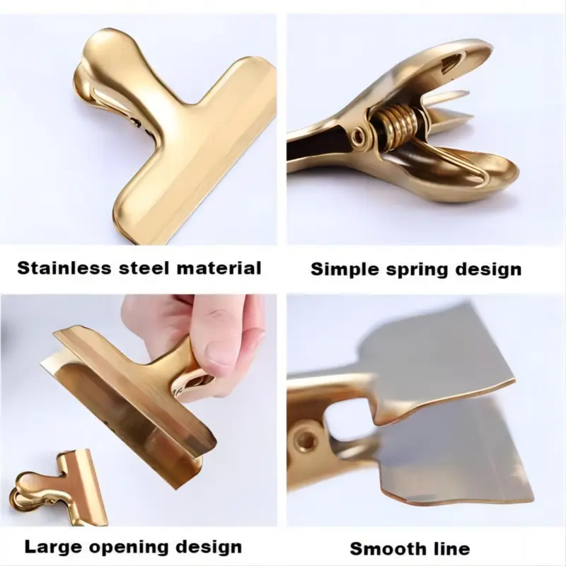 8 Pack Large Bag Clips,Stainless Steel metal Chip Clips,Binder Clips,Food Clips,Bag clamps for Food Storage with Air Tight Seal Grip for Bread Bags,Snack plastic Bags and Food Bags,Kitchen,For Home and Office(golden)