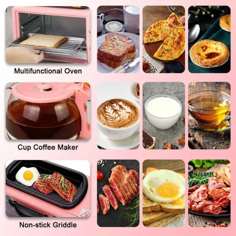 Multifunctional Breakfast Machine,Coffeemaker,Toaster Oven,Frying pan With Griddle,3 In 1 Breakfast Maker Household Countertop 9L High Capacity Convection Electric Breakfast Center Station for Making Coffee,egg,Sandwiches (Pink)