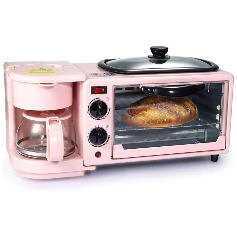 Multifunctional Breakfast Machine,Coffeemaker,Toaster Oven,Frying pan With Griddle,3 In 1 Breakfast Maker Household Countertop 9L High Capacity Convection Electric Breakfast Center Station for Making Coffee,egg,Sandwiches (Pink)