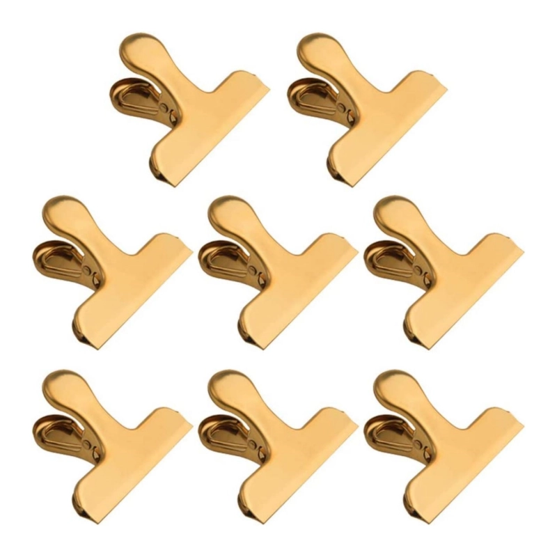 8 Pack Large Bag Clips,Stainless Steel metal Chip Clips,Binder Clips,Food Clips,Bag clamps for Food Storage with Air Tight Seal Grip for Bread Bags,Snack plastic Bags and Food Bags,Kitchen,For Home and Office(golden)