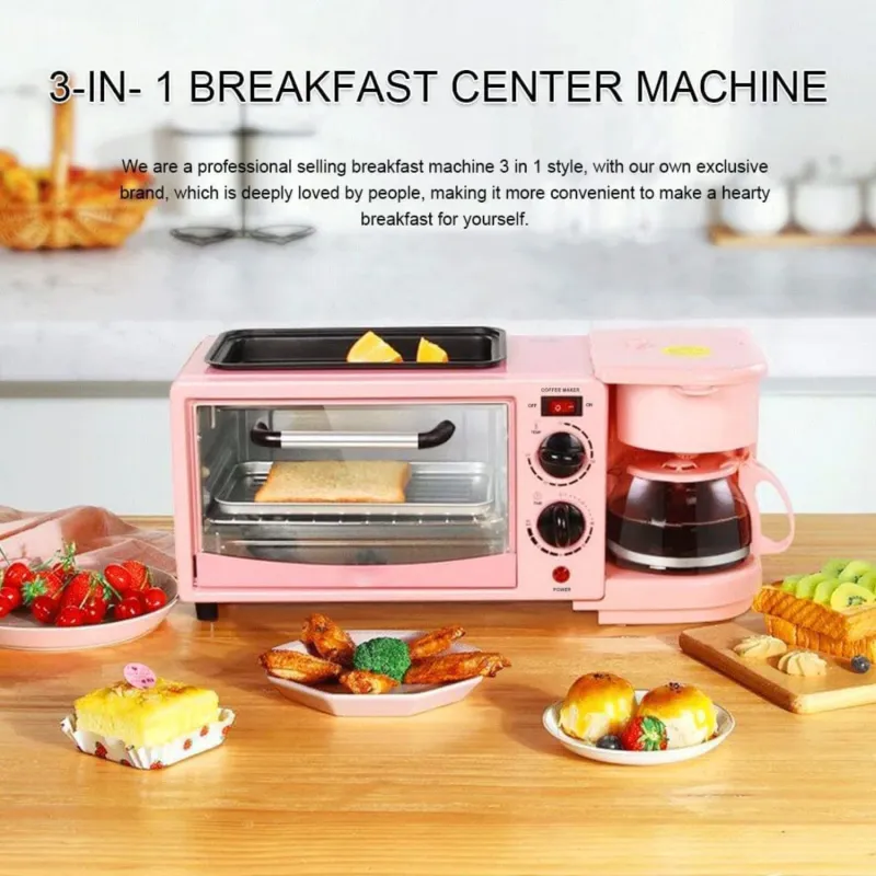 Multifunctional Breakfast Machine,Coffeemaker,Toaster Oven,Frying pan With Griddle,3 In 1 Breakfast Maker Household Countertop 9L High Capacity Convection Electric Breakfast Center Station for Making Coffee,egg,Sandwiches (Pink)