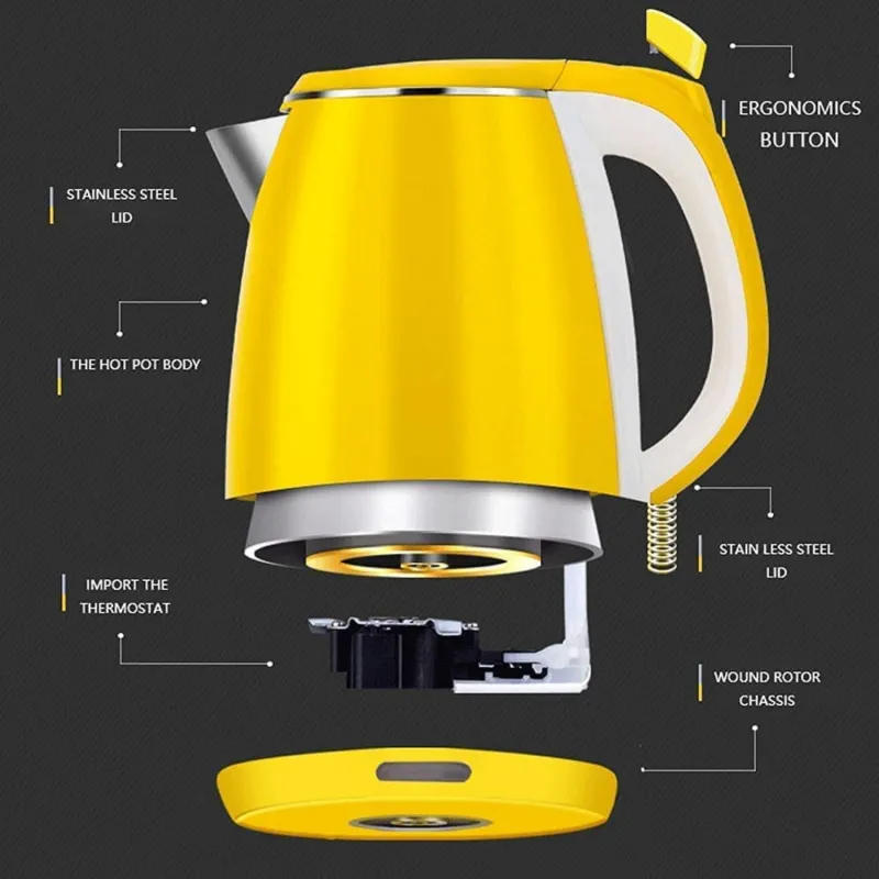 Electric Kettles ,1.8-Liter Capacity,1500W Fast Boil with LED Indicator Auto Shut-Off and Boil-Dry Protection,Stainless Steel Interior Double Wall Hot Water Portable Boiler Heater for water Tea and Coffee,Yellow