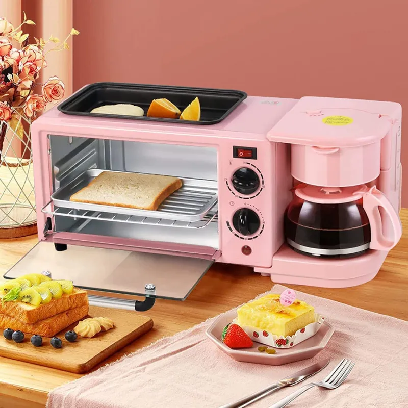 Multifunctional Breakfast Machine,Coffeemaker,Toaster Oven,Frying pan With Griddle,3 In 1 Breakfast Maker Household Countertop 9L High Capacity Convection Electric Breakfast Center Station for Making Coffee,egg,Sandwiches (Pink)