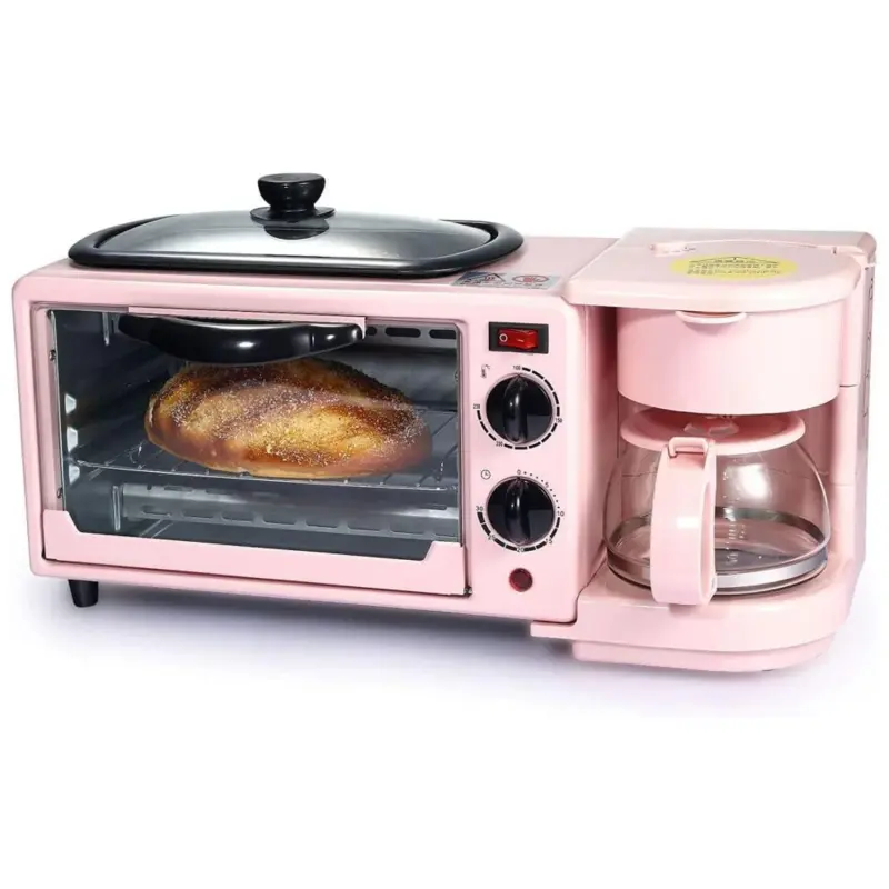 Multifunctional Breakfast Machine,Coffeemaker,Toaster Oven,Frying pan With Griddle,3 In 1 Breakfast Maker Household Countertop 9L High Capacity Convection Electric Breakfast Center Station for Making Coffee,egg,Sandwiches (Pink)