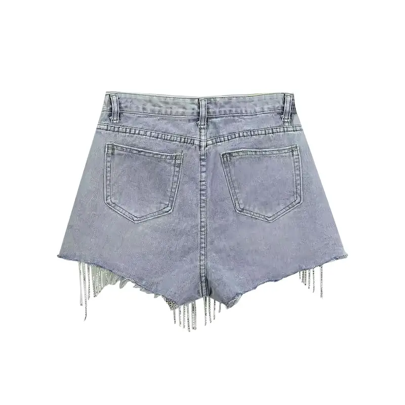 Womens Mid-High Waisted Denim Shorts Summer Ripped Diamond Tassels Frayed Raw Cut Hem Stretchy Casual Jean Shorts With Pockets(Standard and Plus,M)