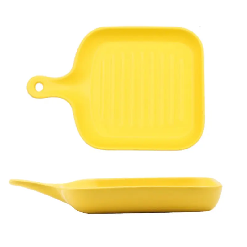 Colorful solid ceramic plates with handles, matte glaze food serving plates with frying pans that look to handle baking pans