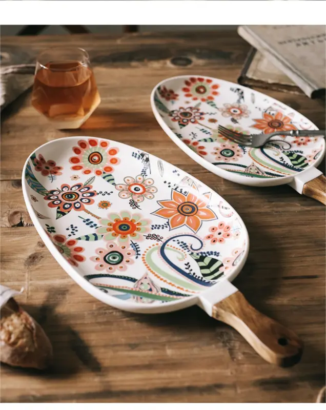 Floral glaze with handle Ceramic plate Oval Plate Creative with floral pattern Ceramic grill plate steak pasta