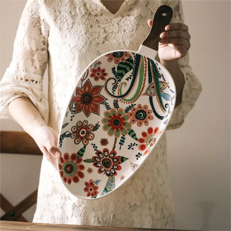 Floral glaze with handle Ceramic plate Oval Plate Creative with floral pattern Ceramic grill plate steak pasta
