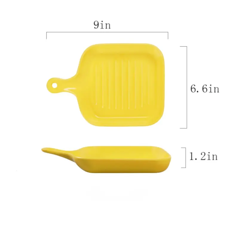 Colorful solid ceramic plates with handles, matte glaze food serving plates with frying pans that look to handle baking pans