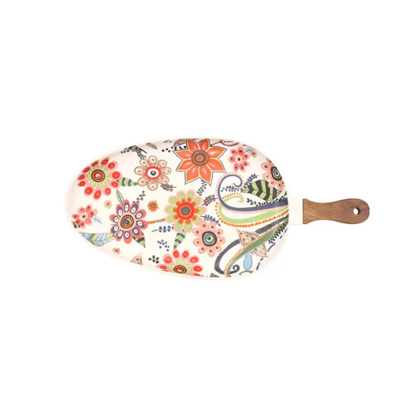 Floral glaze with handle Ceramic plate Oval Plate Creative with floral pattern Ceramic grill plate steak pasta