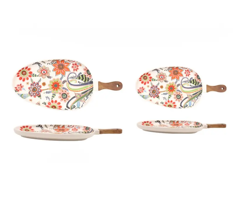 Floral glaze with handle Ceramic plate Oval Plate Creative with floral pattern Ceramic grill plate steak pasta