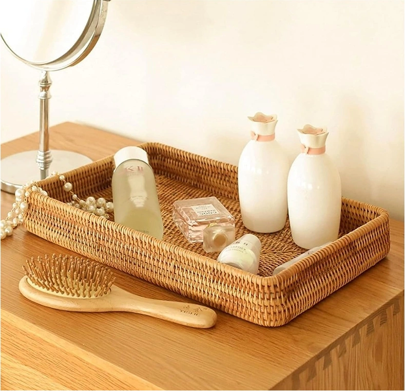 Hacaroa 3 Pack Rectangular Rattan Serving Tray, Hand Woven Wicker Basket Decorative Nesting Tray, Natural Weaving Storage Basket Tray Organizing Platter for Bread, Fruit, Drinks, Snack, 3 Sizes
