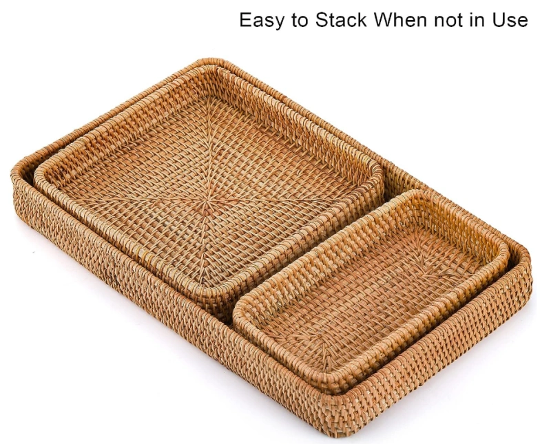 Hacaroa 3 Pack Rectangular Rattan Serving Tray, Hand Woven Wicker Basket Decorative Nesting Tray, Natural Weaving Storage Basket Tray Organizing Platter for Bread, Fruit, Drinks, Snack, 3 Sizes