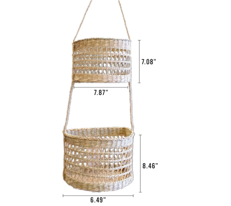 LiLaCraft Seagrass Hanging Fruit 2-Tiers Basket, Hanging Fruit Baskets for Kitchen, Space Saving Woven Hanging Fruit Baskets 2 Tier, Hanging Fruit Baskets, Wall Storage Woven Weaving Basket in Kitchen Decor Holder