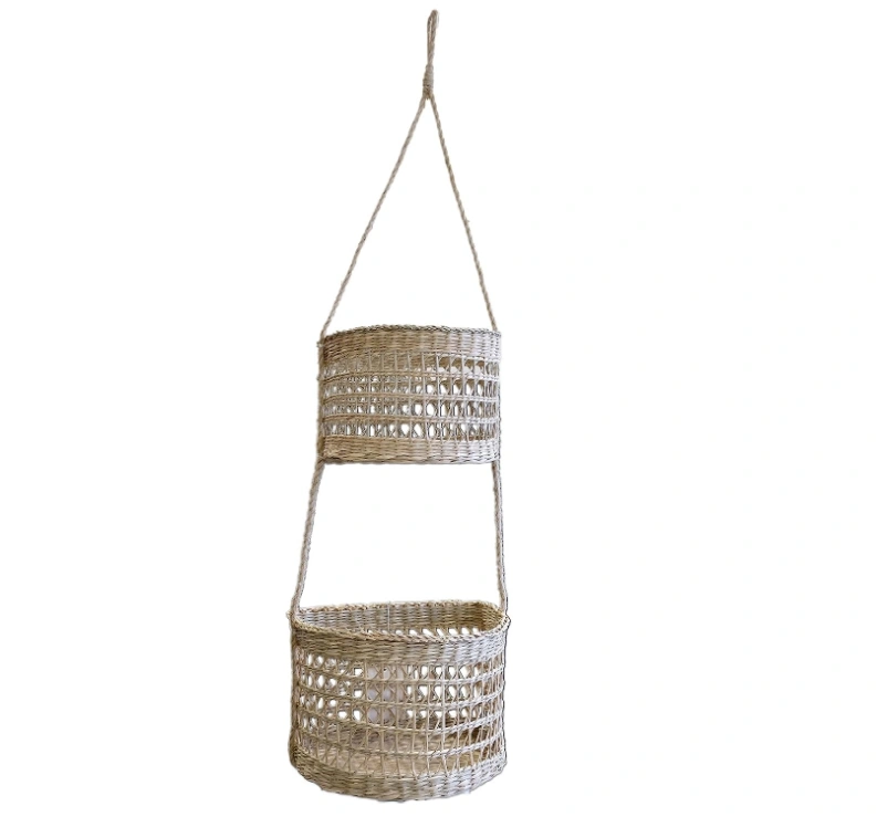LiLaCraft Seagrass Hanging Fruit 2-Tiers Basket, Hanging Fruit Baskets for Kitchen, Space Saving Woven Hanging Fruit Baskets 2 Tier, Hanging Fruit Baskets, Wall Storage Woven Weaving Basket in Kitchen Decor Holder