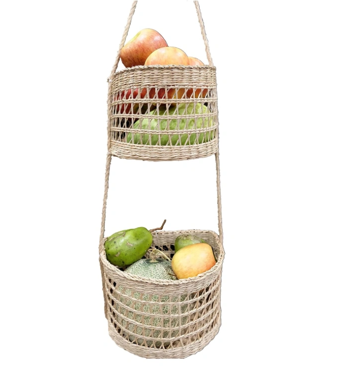 LiLaCraft Seagrass Hanging Fruit 2-Tiers Basket, Hanging Fruit Baskets for Kitchen, Space Saving Woven Hanging Fruit Baskets 2 Tier, Hanging Fruit Baskets, Wall Storage Woven Weaving Basket in Kitchen Decor Holder