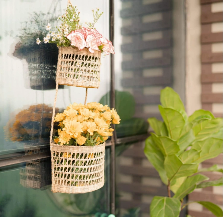 LiLaCraft Seagrass Hanging Fruit 2-Tiers Basket, Hanging Fruit Baskets for Kitchen, Space Saving Woven Hanging Fruit Baskets 2 Tier, Hanging Fruit Baskets, Wall Storage Woven Weaving Basket in Kitchen Decor Holder
