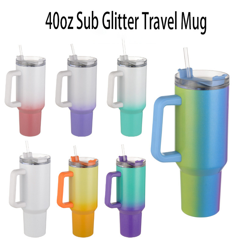 40oz Sublimation Stainless Steel Shimmer/Glitter Travel Mug with Removable Handle