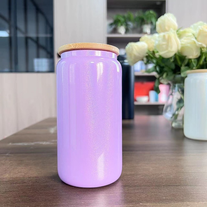 NEW 16oz Sublimation Glitter Shimmer Glass Cup with Bamboo Lid