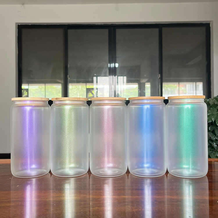 16oz Sublimation Irridescent Glass Mason Jar Bottle Sublimation Glass Cup with Bamboo Lid