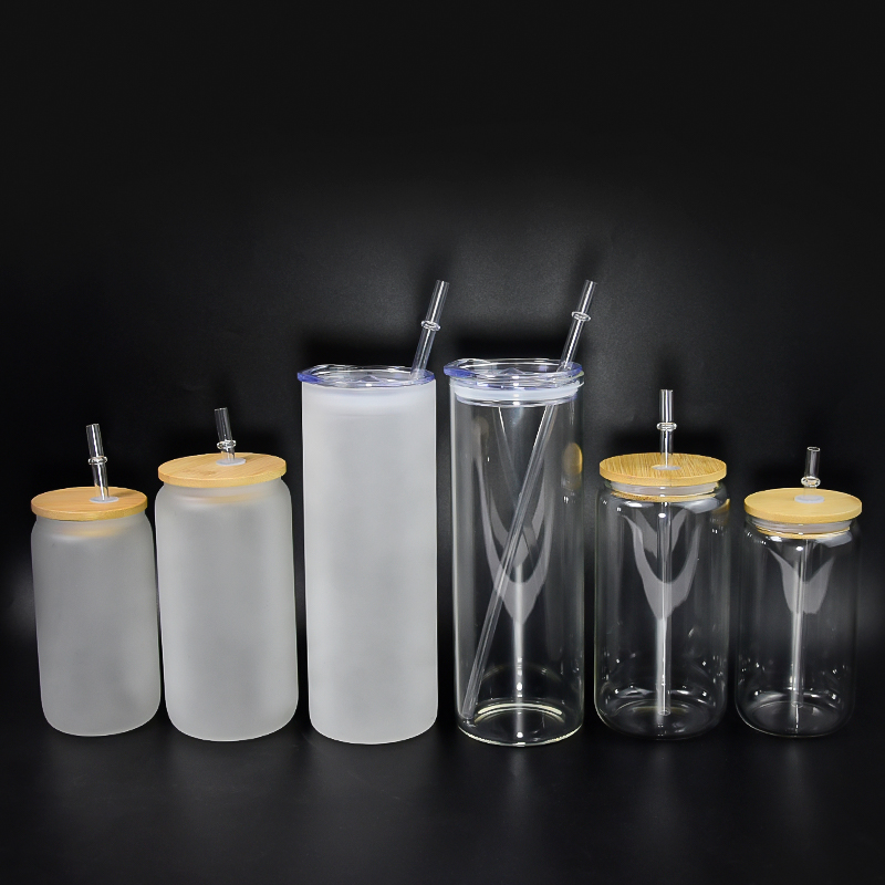 12oz/16oz/25oz Sublimation Clear Frosted Glass Cup with Bamboo Lid