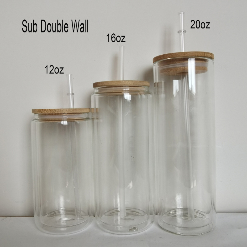 12oz/16oz/20oz Sublimation Double Wall Snow Globe Glass Cup with Bamboo Lid