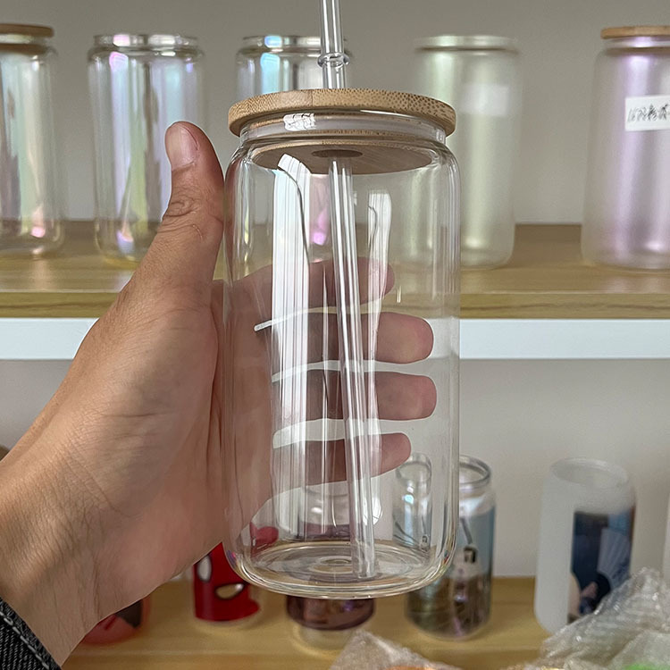 12oz/16oz/25oz Sublimation Clear Frosted Glass Cup with Bamboo Lid