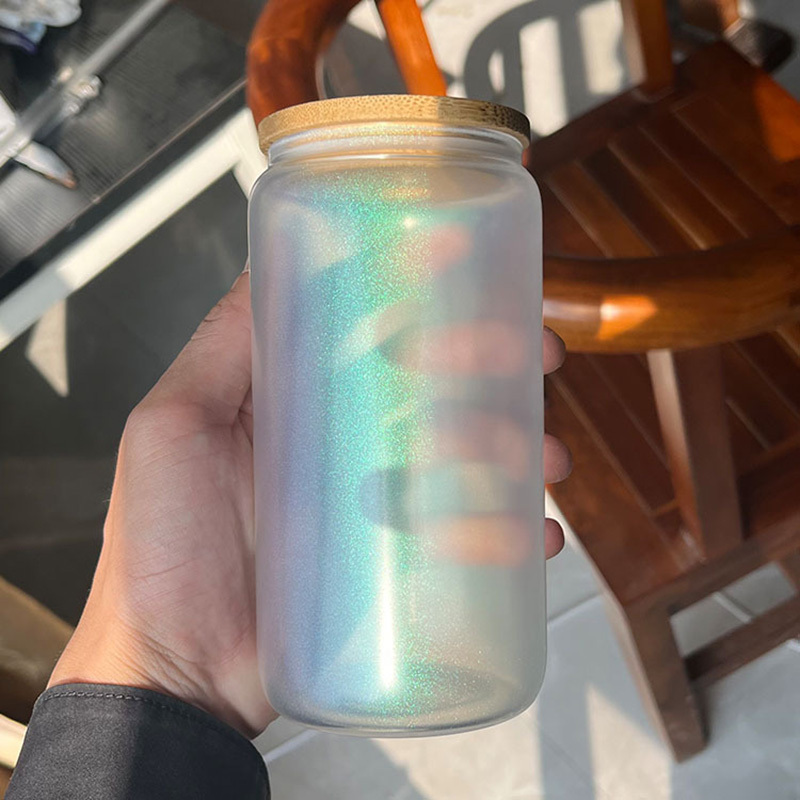16oz Sublimation Irridescent Glass Mason Jar Bottle Sublimation Glass Cup with Bamboo Lid