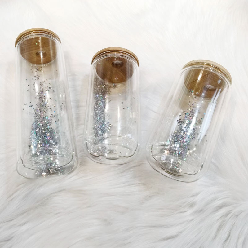 12oz/16oz/20oz Sublimation Double Wall Snow Globe Glass Cup with Bamboo Lid