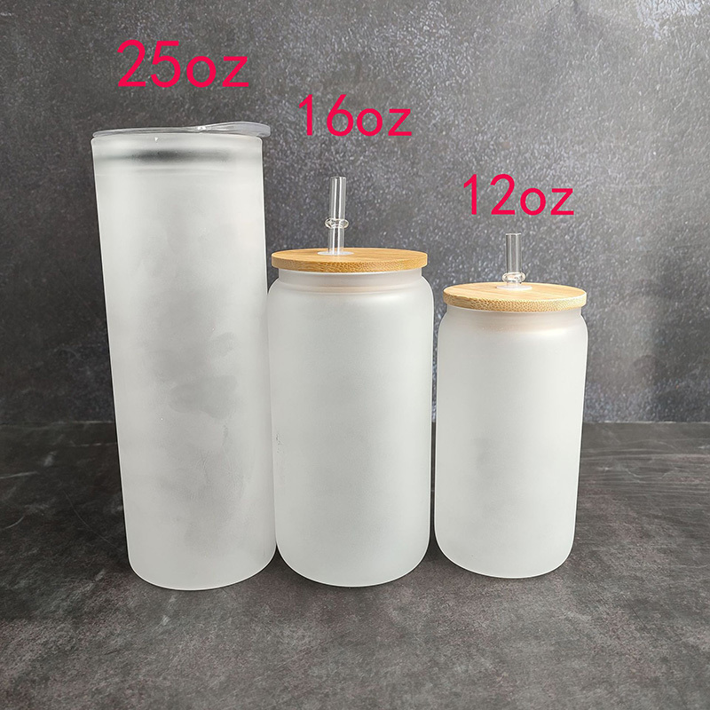 12oz/16oz/25oz Sublimation Clear Frosted Glass Cup with Bamboo Lid
