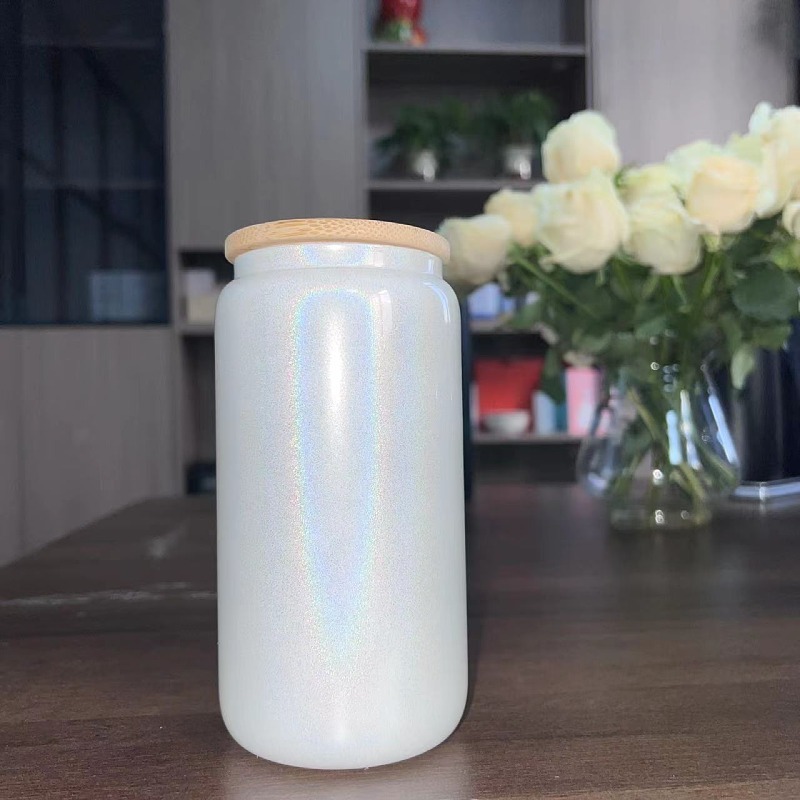 NEW 16oz Sublimation Glitter Shimmer Glass Mason Jar Bottle Sublimation Cup with Bamboo Lid