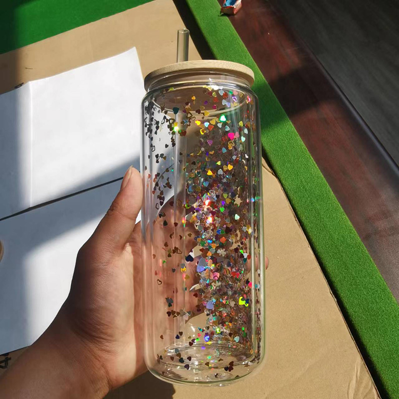 12oz/16oz/20oz Sublimation Double Wall Snow Globe Glass Cup with Bamboo Lid