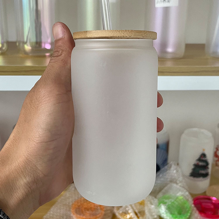 12oz/16oz/25oz Sublimation Clear Frosted Glass Cup with Bamboo Lid