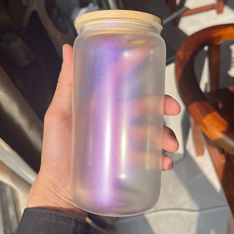 16oz Sublimation Irridescent Glass Mason Jar Bottle Sublimation Glass Cup with Bamboo Lid