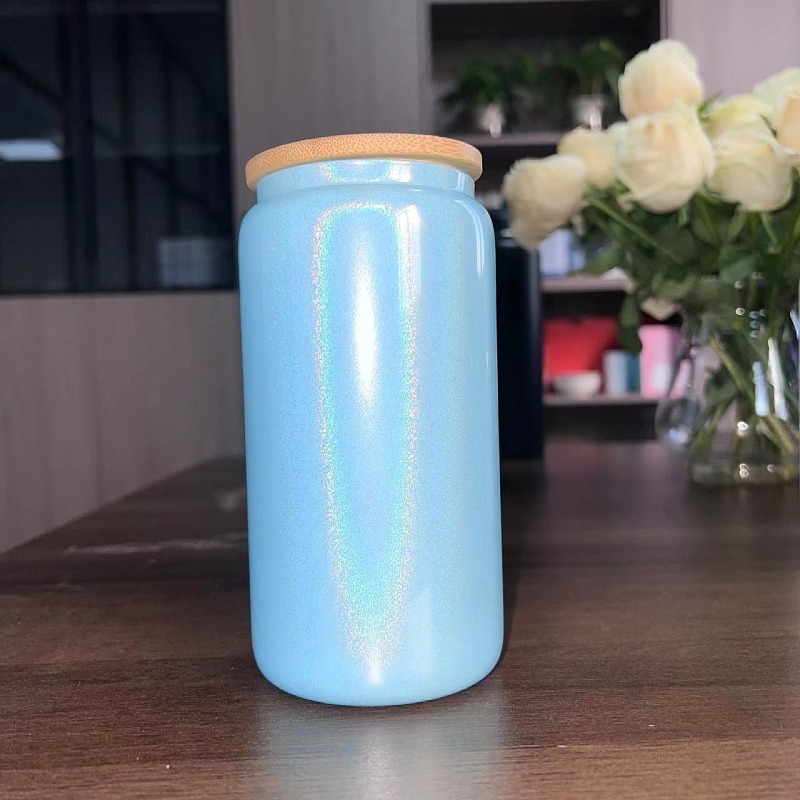 NEW 16oz Sublimation Glitter Shimmer Glass Cup with Bamboo Lid