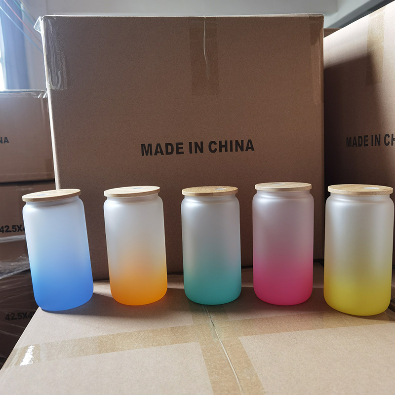 16oz Sublimation Gradient Glass Mason Jar Bottle Sublimation Cup with Bamboo Lid