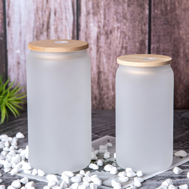 12oz/16oz/25oz Sublimation Clear Frosted Glass Cup with Bamboo Lid