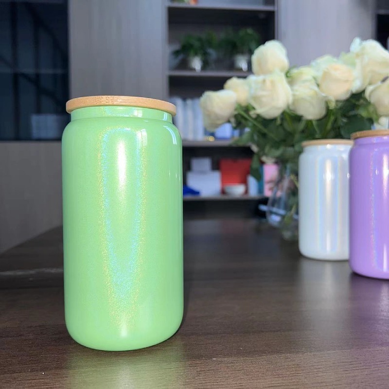 NEW 16oz Sublimation Glitter Shimmer Glass Cup with Bamboo Lid