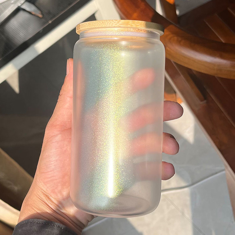16oz Sublimation Irridescent Glass Mason Jar Bottle Sublimation Glass Cup with Bamboo Lid