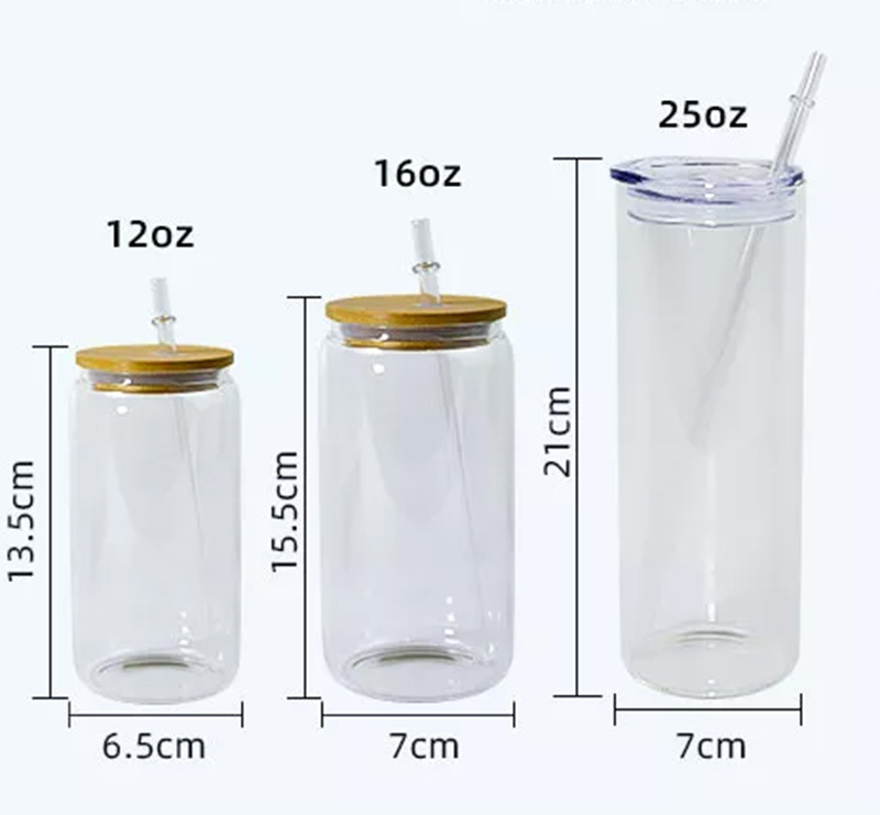 12oz/16oz/25oz Sublimation Clear Frosted Glass Cup with Bamboo Lid