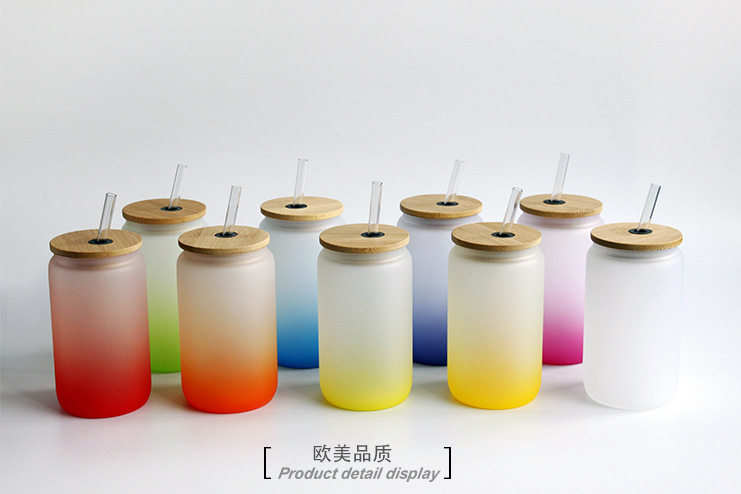 16oz Sublimation Gradient Glass Mason Jar Bottle Sublimation Cup with Bamboo Lid