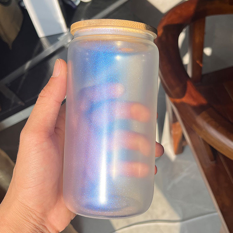 16oz Sublimation Irridescent Glass Mason Jar Bottle Sublimation Glass Cup with Bamboo Lid