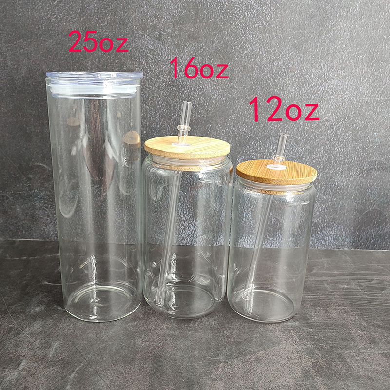 12oz/16oz/25oz Sublimation Clear Frosted Glass Cup with Bamboo Lid